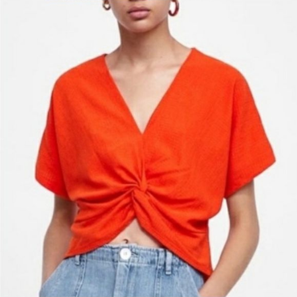 Zara orange textured twist front short dolman top summer chic resortwear, size S